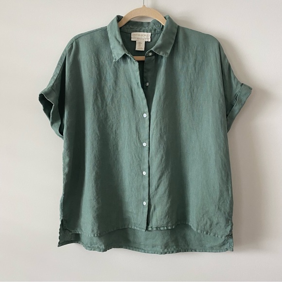 Cynthia Rowley Tops - Cynthia Rowley 100% Linen Short Sleeve Pearlized Button Up Blouse size S